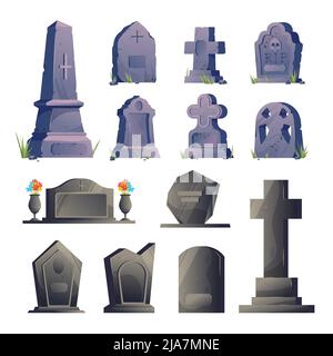 Icona del cimitero lapidei set lapidi antiche e nuove in diverse dimensioni e colori con aiuole di fiori illustrazione vettoriale Illustrazione Vettoriale