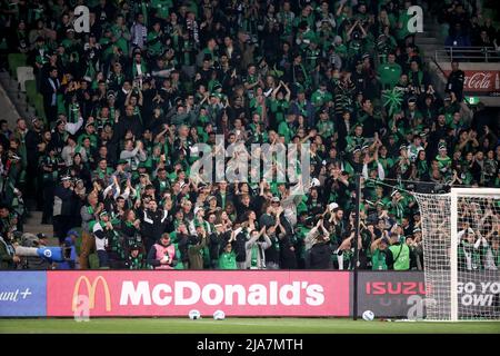 Melbourne, Australia, 28 maggio 2022. Tifosi del Western United durante la partita Di calcio A-League Grand Final tra il Melbourne City FC e il Western United all'AAMI Park il 28 maggio 2022 a Melbourne, Australia. Credit: Dave Hewison/Speed Media/Alamy Live News Foto Stock