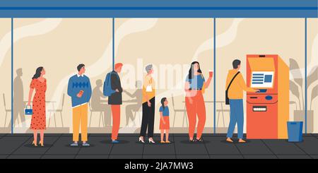 Composizione atm coda con vista esterna di persone in linea con atm macchina per illustrazione vettore prelievo Illustrazione Vettoriale