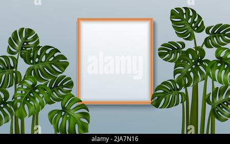 Una pianta della casa chiamata monstera nella quantità di due pezzi disposti da un'illustrazione vettoriale realistica a specchio Illustrazione Vettoriale