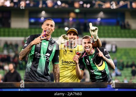 Melbourne, Australia, 28 maggio 2022. I giocatori del Western United festeggiano durante la partita Di calcio A-League Grand Final tra il Melbourne City FC e il Western United presso l'AAMI Park il 28 maggio 2022 a Melbourne, Australia. Credit: Dave Hewison/Speed Media/Alamy Live News Foto Stock