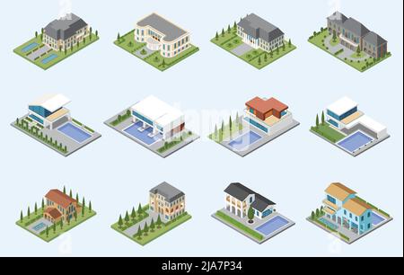 Palazzi e ville insieme isometrico di case moderne per vivere e riposare con piscine e parco zona illustrazione vettoriale Illustrazione Vettoriale