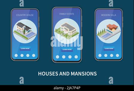 Case e palazzi composizione isometrica con informazioni sulla proprietà familiare in app mobile per illustrazione vettoriale smartphone Illustrazione Vettoriale