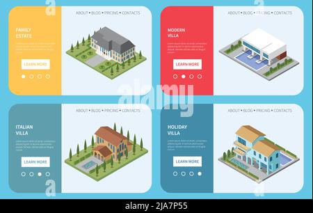 Mansion 2x2 design concept set di quattro landing page con informazioni su famiglia estate e vacanza villa isometrico vettore illustrazione Illustrazione Vettoriale