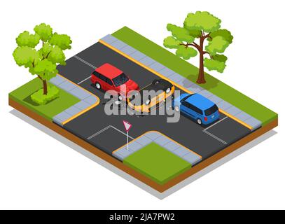 Incidente stradale 3 veicoli collisione strada incidente con auto ribaltata atterrato capovolto vettore isometrico illustrazione Illustrazione Vettoriale