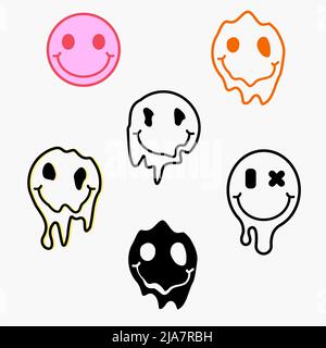 Fusione icone sorriso. Faccia gocciolante divertente sciolto. Emoji positive di buon umore. Illustrazione Vettoriale