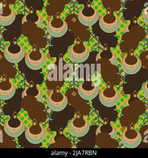 Ritratto donna afroamericana senza cuciture pattern. Soulful sfondo di donne di moda. Tessuto tribale. Illustrazione Vettoriale