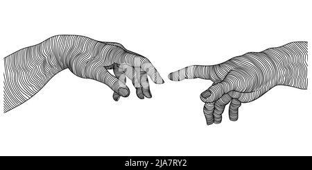 Due mani si raggiungono l'una con l'altra. Frammento dell'affresco di Michelangelo la nascita di Adamo. Illustrazione Vettoriale