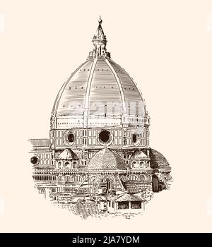 Cupola del Duomo di Santa Maria del Fiore a Firenze. Italia. Disegno a mano veloce isolato su sfondo beige. Illustrazione Vettoriale