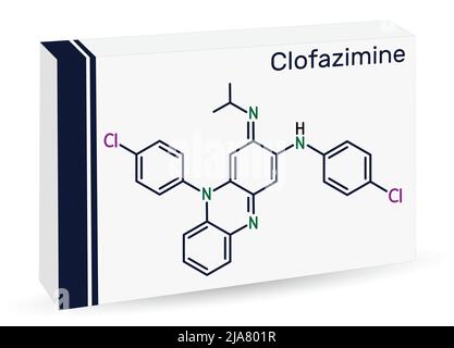 Molecola di clofazimina. È l'antimicobatterico della riminofenazina usato per trattare la lebbra. Formula chimica scheletrica. Imballaggio in carta per farmaci. Vettore illu Illustrazione Vettoriale