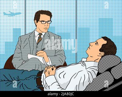 Un giovane uomo in camicia bianca si trova su una poltrona durante una sessione con uno psicoanalista con le mani ripiegate. Illustrazione Vettoriale