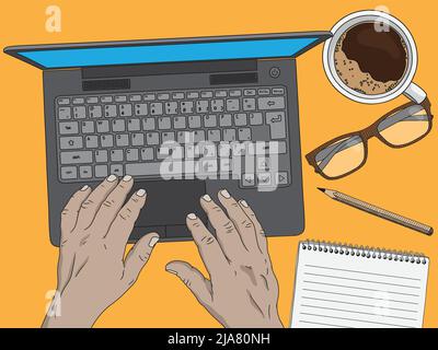 Spazio di lavoro con notebook, notebook e una tazza di caffè. Le mani maschili stanno digitando del testo sulla tastiera. Illustrazione Vettoriale