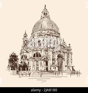 La cupola della cattedrale in stile classico con archi, statue e orologi. Chiesa di Santa Maria Salvatore. Disegnare su uno sfondo beige. Illustrazione Vettoriale