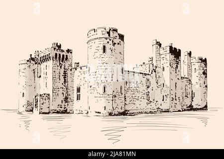 Castello medievale in pietra con torri e archi sulla riva del mare. Illustrazione Vettoriale