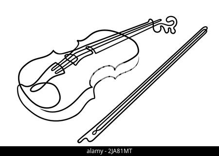 Disegno a una linea. Violino con archi e arco per strumenti acustici musicali. Illustrazione Vettoriale