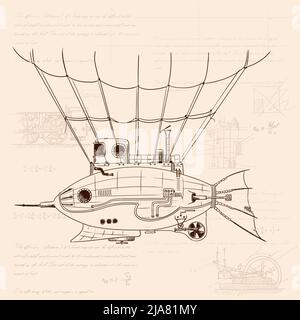 Veliero a forma di pesce con corpo metallico a controllo meccanico in stile steampunk sullo sfondo di vecchia carta sbriciolata con disegni, formu Illustrazione Vettoriale