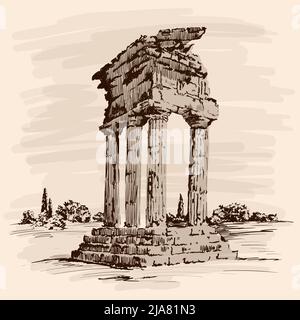 Rovine di pietra di un antico tempio greco. Tetto, colonne e gradini su sfondo beige. Illustrazione Vettoriale