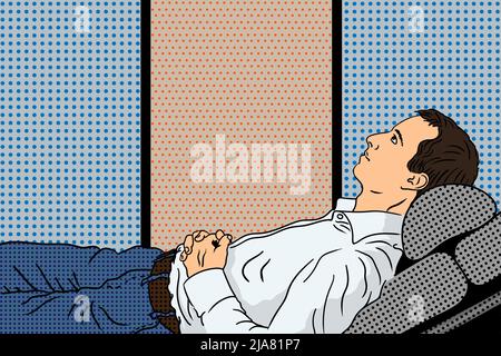 Un giovane uomo in camicia bianca si trova su una poltrona durante una sessione con uno psicoanalista con le mani ripiegate. Illustrazione di tipo pin-up. Illustrazione Vettoriale