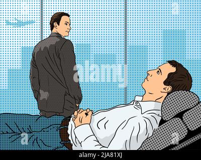 Un giovane uomo in camicia bianca si trova su una poltrona durante una sessione con uno psicoanalista con le mani ripiegate. Illustrazione di tipo pin-up. Illustrazione Vettoriale