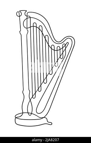 Disegno a una linea. Arpa di strumento acustico musicale con corde. Illustrazione Vettoriale