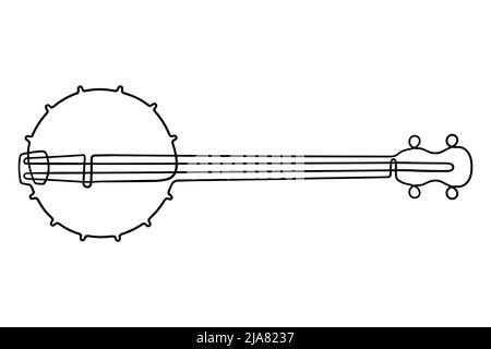 Disegno a una linea. Strumento acustico musicale banjo con corde. Illustrazione Vettoriale