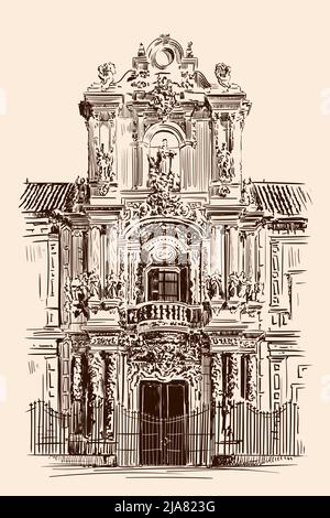 Disegno a mano di una facciata dell'edificio in classico stile rococò. Ingresso anteriore. Illustrazione Vettoriale