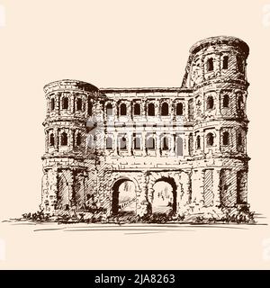 Castello medievale in pietra con torri e archi. Illustrazione Vettoriale