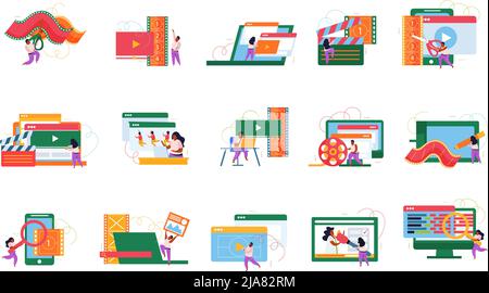 Animazione e motion design recolor set di composizioni piatte con personaggi maschili e femminili designer animatori storytellers isolato vettore illustrazione Illustrazione Vettoriale