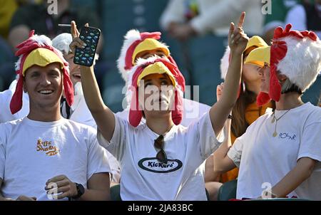Twickenham. Regno Unito. 28 maggio 2022. Londra HSBC World rugby sette.. Stadio di Twickenham. Twickenham. Tifosi con cappelli di pollo durante la partita Pool C tra la Francia e il Canada nel mondo HSBC di Londra rugby setts. Foto Stock