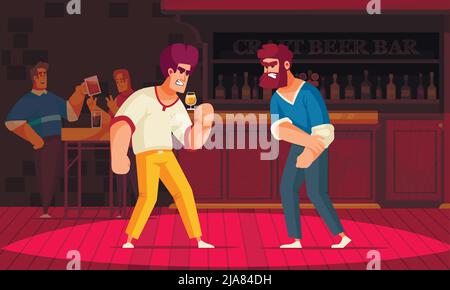 Composizione di persone in conflitto con scenario interno di pub con personaggi di uomini arrabbiati con illustrazione vettoriale stand bar Illustrazione Vettoriale