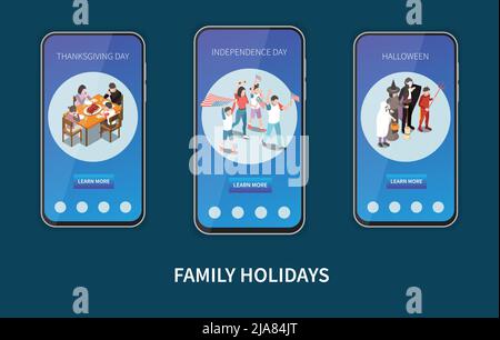 Famiglia vacanze banner smartphone modelli schermo set con celebrazione del giorno di indipendenza di ringraziamento e halloween isometric isolato vettore illu Illustrazione Vettoriale