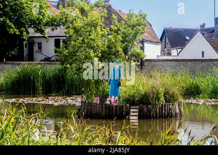 REGNO UNITO. 28th maggio 2022. I Prankers hanno preso di mira il Villaggio di Rottingdean Pond in Sussex facendo una mostra per le celebrazioni giubilari. I hanno messo un taglio di carboard della regina con un Corgi e le facce della famiglia reale intorno ad un'isola nel mezzo dello stagno per rappresentare il balcone al palazzo di Buckingham. Hanno messo la faccia di Andrew di prezzo via da tutto e sull'altro lato dell'isola ci è il principe Harry e Megan accreditamento: @Dmoonuk/Alamy Live News Foto Stock