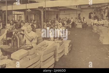 The British Legion Poppy Factory, Richmond, Surrey: Veining 'Haig Fund' Poppy petali: Veterani della prima guerra mondiale che utilizzano macchinari per produrre papaveri del Remembrance Day Foto Stock