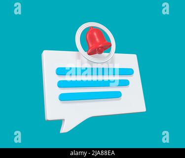 Icona notifica nuovo messaggio 3D. Fumetto con simbolo della campana di notifica. Nuovo messaggio di avviso posta. Invia notifica via e-mail un nuovo messaggio e-mail. Foto Stock