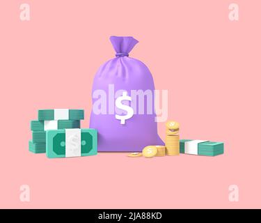 Borsa di denaro in contanti e moneta 3D icona isolato. Concetto di business e finanza. Dollari e monete d'oro impilano. Ricchezza e banking icona. Foto Stock