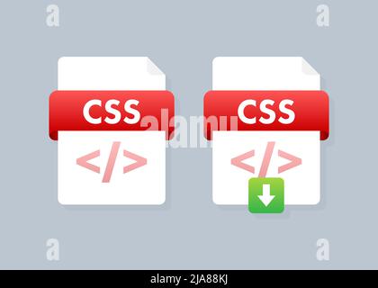Scarica il pulsante CSS sullo schermo del portatile. Informazioni sul download del documento. File con etichetta CSS e freccia giù. Illustrazione vettoriale. Illustrazione Vettoriale