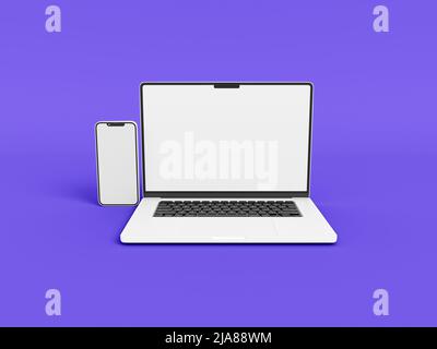 Notebook e smartphone per telefono su sfondo bianco con stile minimal per un sito Web dinamico e dinamico. Computer portatile con schermo vuoto, telefono cellulare 2022 Foto Stock