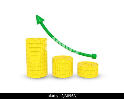 Grafico dell'aumento dei profitti, grafico della crescita degli investimenti. Monete e frecce, affari, finanza, sviluppo investire grafico, bancario, economia, statistiche. Foto Stock