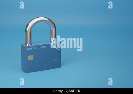 Carta di credito a forma di lucchetto chiuso con spazio per la copia. Concetto di sicurezza. 3d illustrazione. Foto Stock