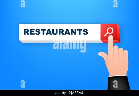 Icona Cartoon con ricerca ristoranti. Infografica piatta. Segnaposto di posizionamento. Pagina mobile. Illustrazione Vettoriale