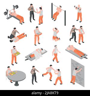 Icone isometriche della prigione insieme di poliziotto che offende il guardiano e personaggi prigionieri isolato illustrazione vettoriale Illustrazione Vettoriale