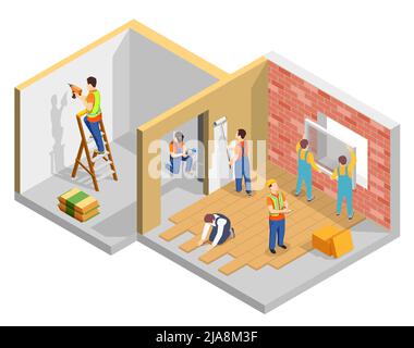 Composizione isometrica dei lavoratori edili con costruttori che rinnovano l'illustrazione vettoriale piatta Illustrazione Vettoriale