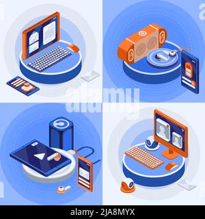 Icone isometriche quadrate della tecnologia wireless impostate con i simboli della tastiera e del mouse illustrazione vettoriale isolata Illustrazione Vettoriale