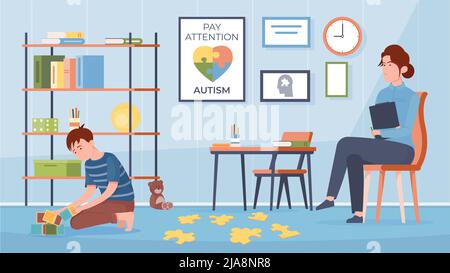 Composizione autismo con interno piano camera bambini e personaggi di tutor e ragazzo autistico giocare a cubetti illustrazione vettoriale Illustrazione Vettoriale