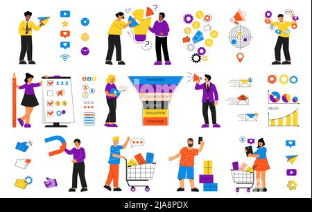 Set di imbuto con icone piatte e isolate e caratteri umani con caselle di controllo reazioni e statistiche icone illustrazione vettoriale Illustrazione Vettoriale