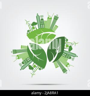 Le città verdi aiutano il mondo con eco-friendly concetto ideas.Vector illustrazione Illustrazione Vettoriale