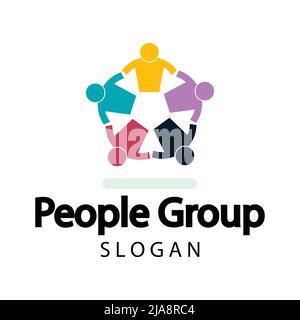 Handshake del logo del gruppo di persone in un cerchio, icona del lavoro di squadra, illustrazione vettoriale Illustrazione Vettoriale