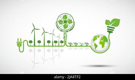 Ecologia e Fan Concept, simbolo della Terra con foglie verdi intorno alle città aiutare il mondo con idee ecocompatibili Illustrazione Vettoriale