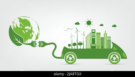 Ecologia e ambientale concetto di paesaggio urbano, simbolo di auto con foglie verdi intorno alle città aiutare il mondo con Eco-friendly idee Illustrazione Vettoriale