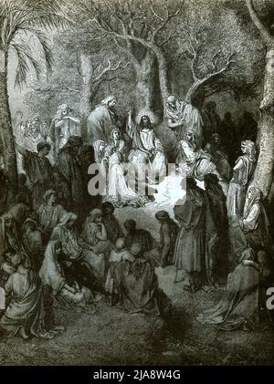 'Il Sermone sul Monte', un'illustrazione biblica di Gustave Doré che raffigura Gesù che insegna i principi centrali del cristianesimo, tra cui la preghiera del signore e le beatitudini Foto Stock